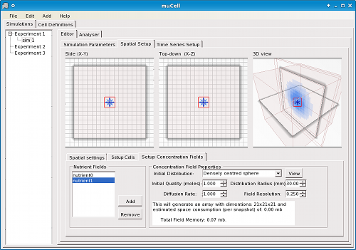 Figure 4: μCell concentration gradients editor - Defining concentration fields and diffusion.