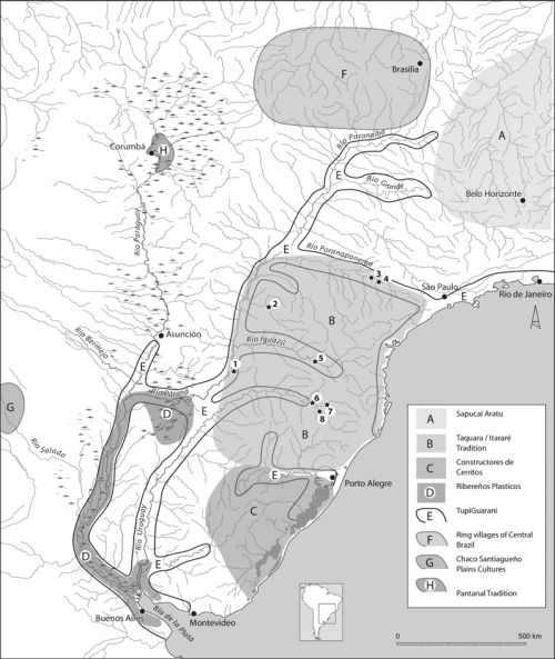 Figure 1: Map of approximate distributions of pre-Hispanic cultural groups, including the Taquara/Itararé tradition