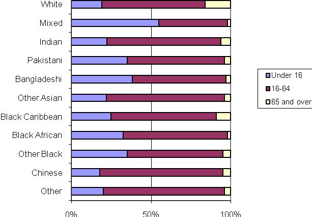 FIGURE 1: Age distribution: by ethnic group, 2001/02 (United Kingdom) Percentages