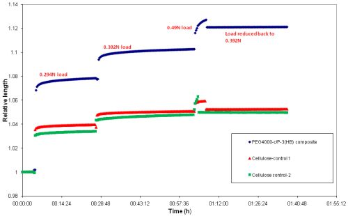 Figure 14: The composite material undergoing uni-axial tensile deformation under 0.294N, 0.392N and 0.49N indicates irreversible non-elastic deformation properties