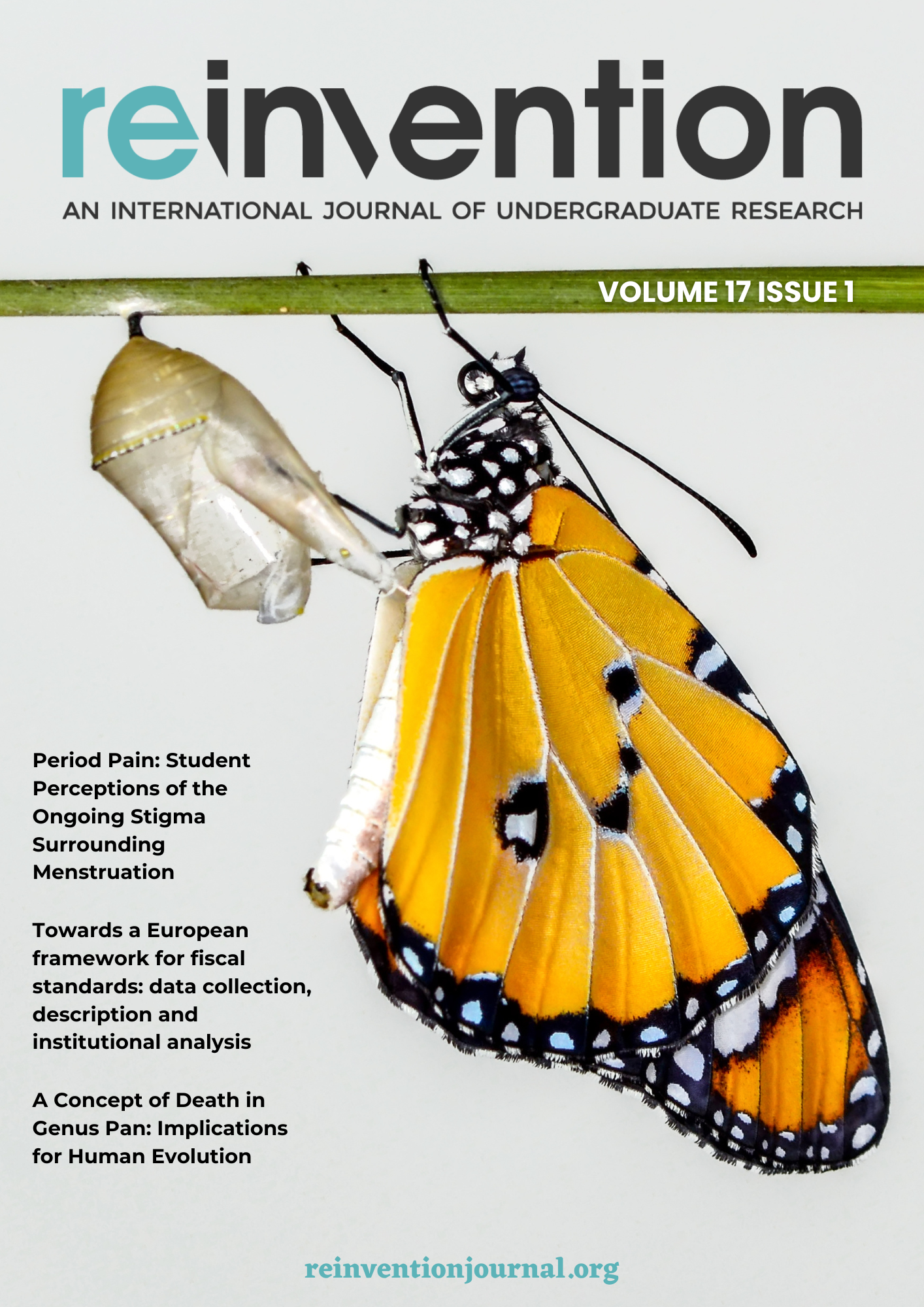 Cover for Reinvention journal volume 17 issue 1, butterfly and chrysalis 