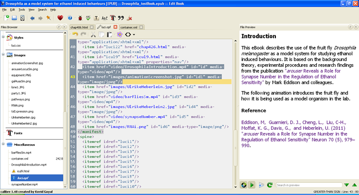 Screenshot of Calibre opf file