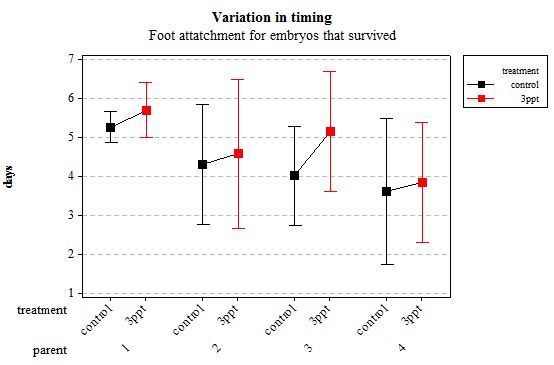 Figure 4: Mean (plus or minus 95% CI) variation in timing of foot attachment in R. balthica by parentage and treatment (control and 3ppt) for embryos that survived post hatching.