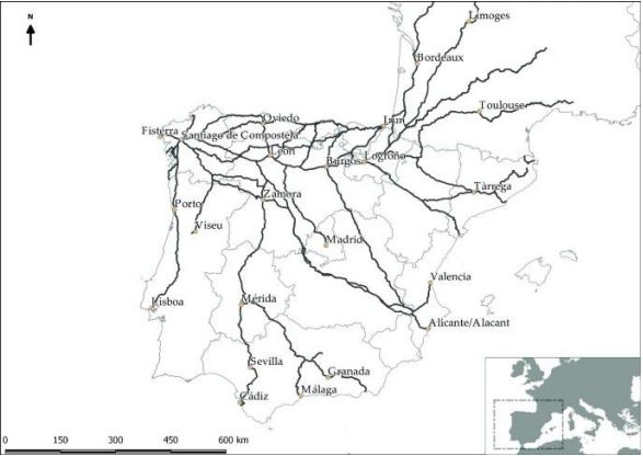 Map of Spain with walking routes marked