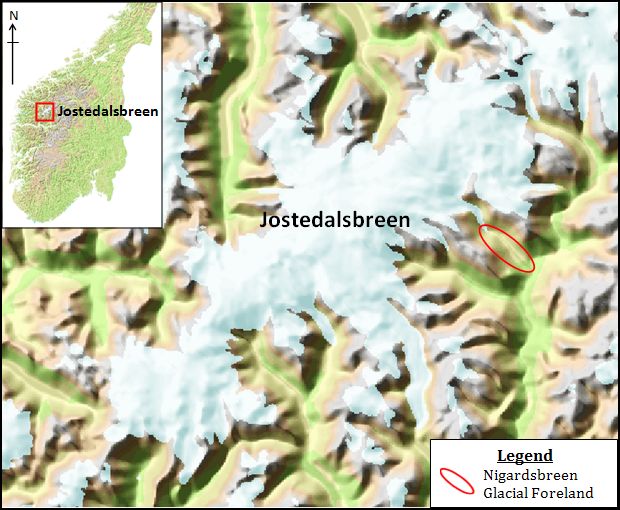 Figure 1: Location map of the Jostedalsbreen ice cap in southern Norway and the location of the study site Nigardsbreen