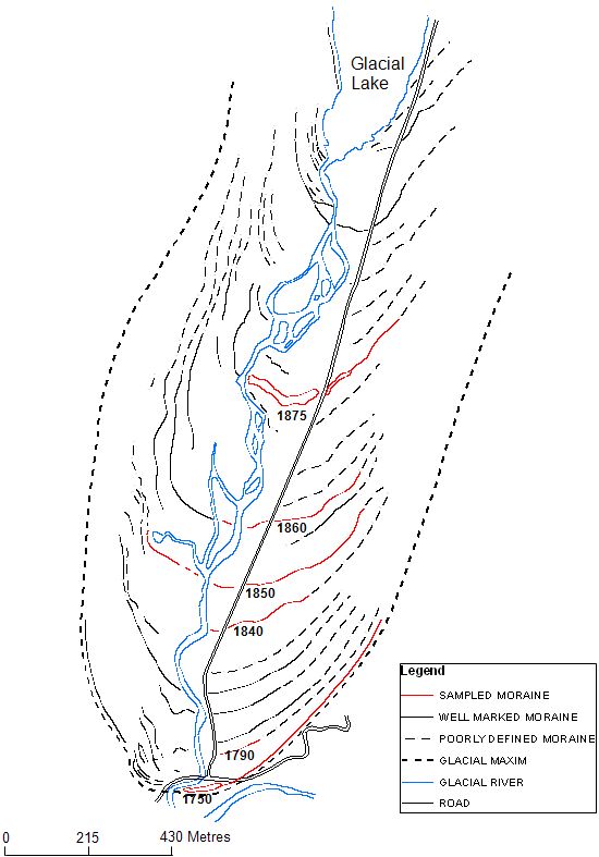 Figure 2: Map of the Nigardsbreen glacial foreland indicating moraines that were sampled