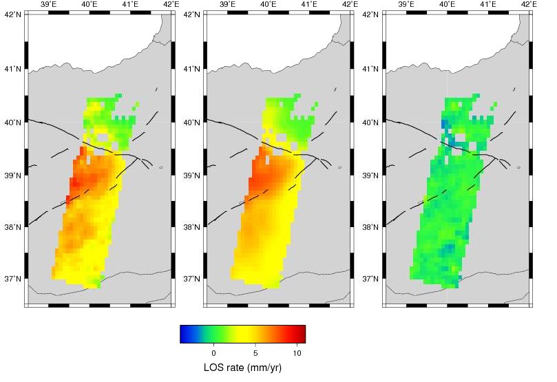 Figure 9: Prediction of input GPS data by the velocity field model and input InSAR LOS rate by modelled velocity field, part 2