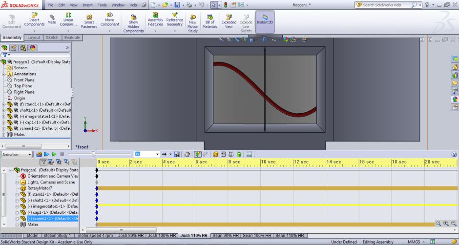 Figure 5: The completed model in use, with the simulation window open at the bottom of the screen, the cylinder with etched sine wave 'moving' across the screen window from left to right