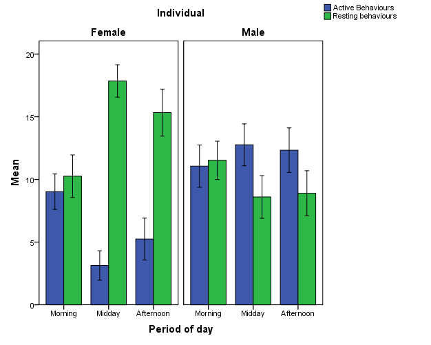 Figure 2: Mean of active and resting behaviours per individual depending on time of day.