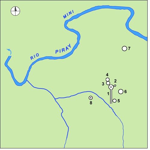 Figure 3: Map of PM01 (1) and surrounding enclosures shown with the Piray Mini river, North of El Dorado