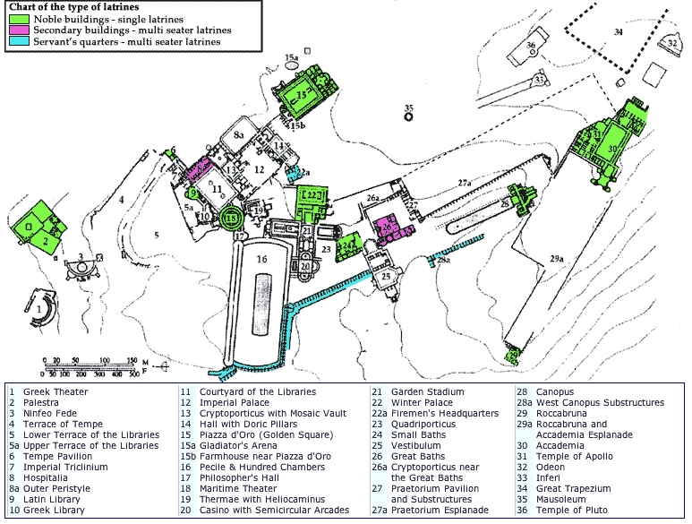 Figure 8: A plan of the Villa Adriana indicating latrine types