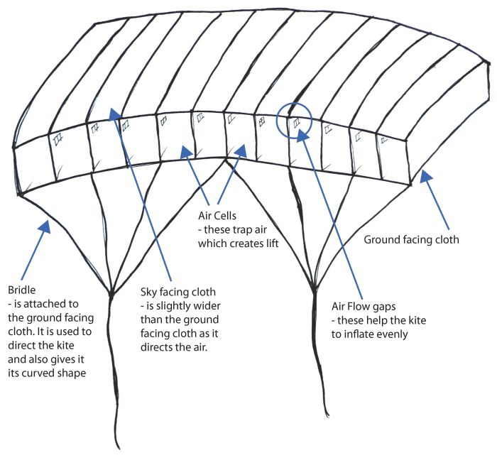Figure 3: A labelled diagram of a parafoil kite