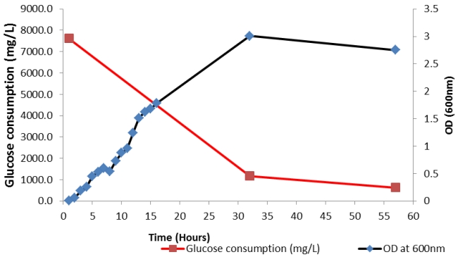 Figure 6: OD and glucose consumption of co-culture 5-litre batch fermentation for 57 hours