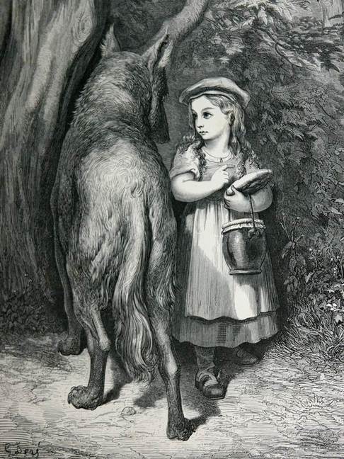 Figure 1: ‘En passant dans un bois, elle rencontra compère le Loup.’ [While walking through the woods, Little Red Riding Hood met a cunning wolf]. (Bahier-Porte, 2006: 142)