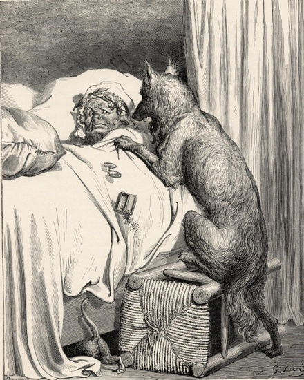 Figure 2: ‘Cela n’empêche pas qu’avec ses grandes dents il avait mangé une bonne grand-mère.’ [Nothing could stop the wolf sinking its teeth in and gobbling up a good grandmother]. (Bahier-Porte, 2006: 144) 
