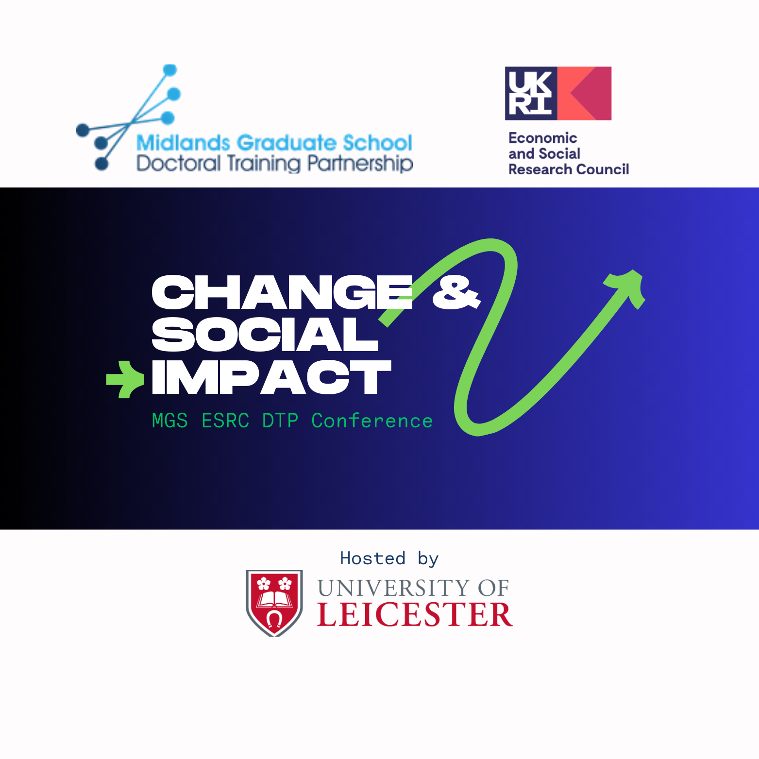 Research for Change and Social Impact logo in the middle, Midlands Graduate School Doctorial Training Partnership logo above to the left next to Economic and Social Research Council logo to the right. University of Leicester logo with 'hosted by' text at the bottom