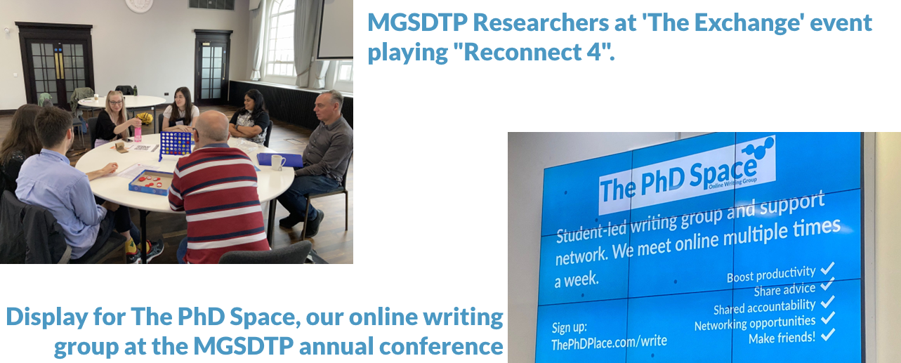 Photograph of MGSDTP students playing reconnect four, and an advertisement for our writing group 'The PhD Place' at the Midlands Graduate School DTP Conference