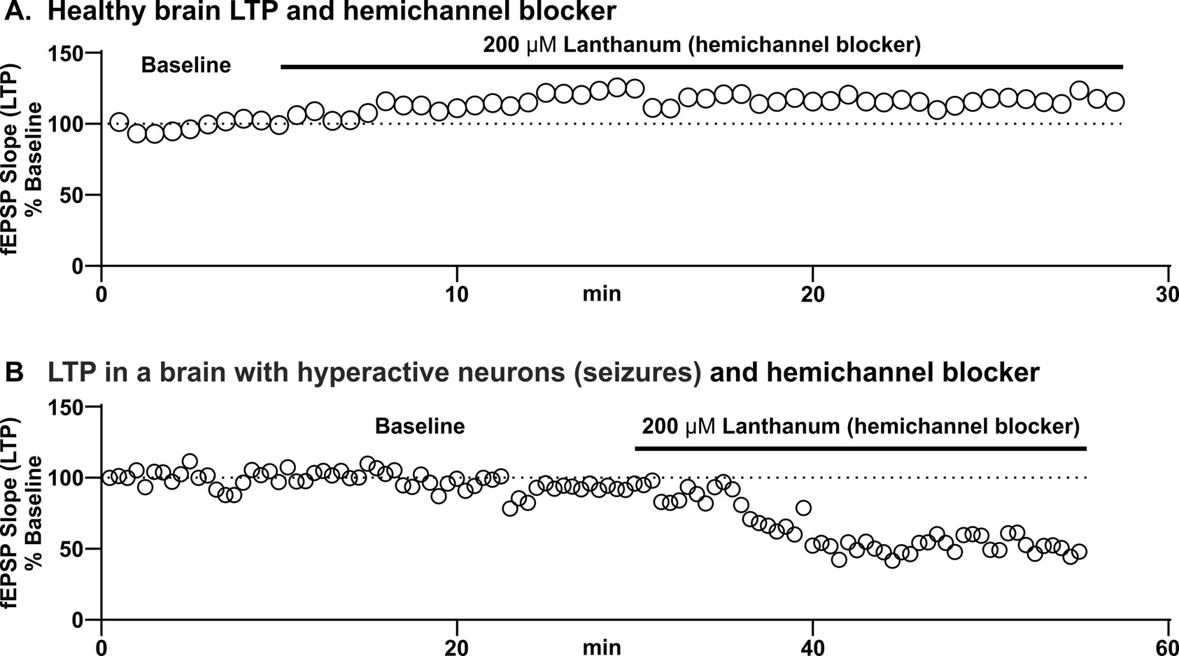 Hemichannel blockage has no effect on memory process (LTP) in healthy brain compared to brain with hyperactive neurons