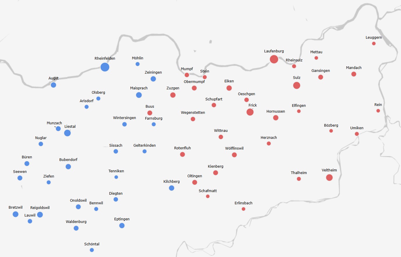 Map showing the two sample deaneries of Sisgau (blue) and Frickgau (red)
