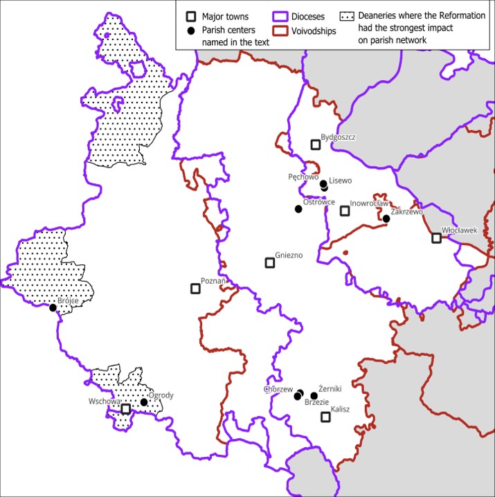 Map of the basic territorial units of the state and the Catholic Church in Greater Poland and Cuyavia