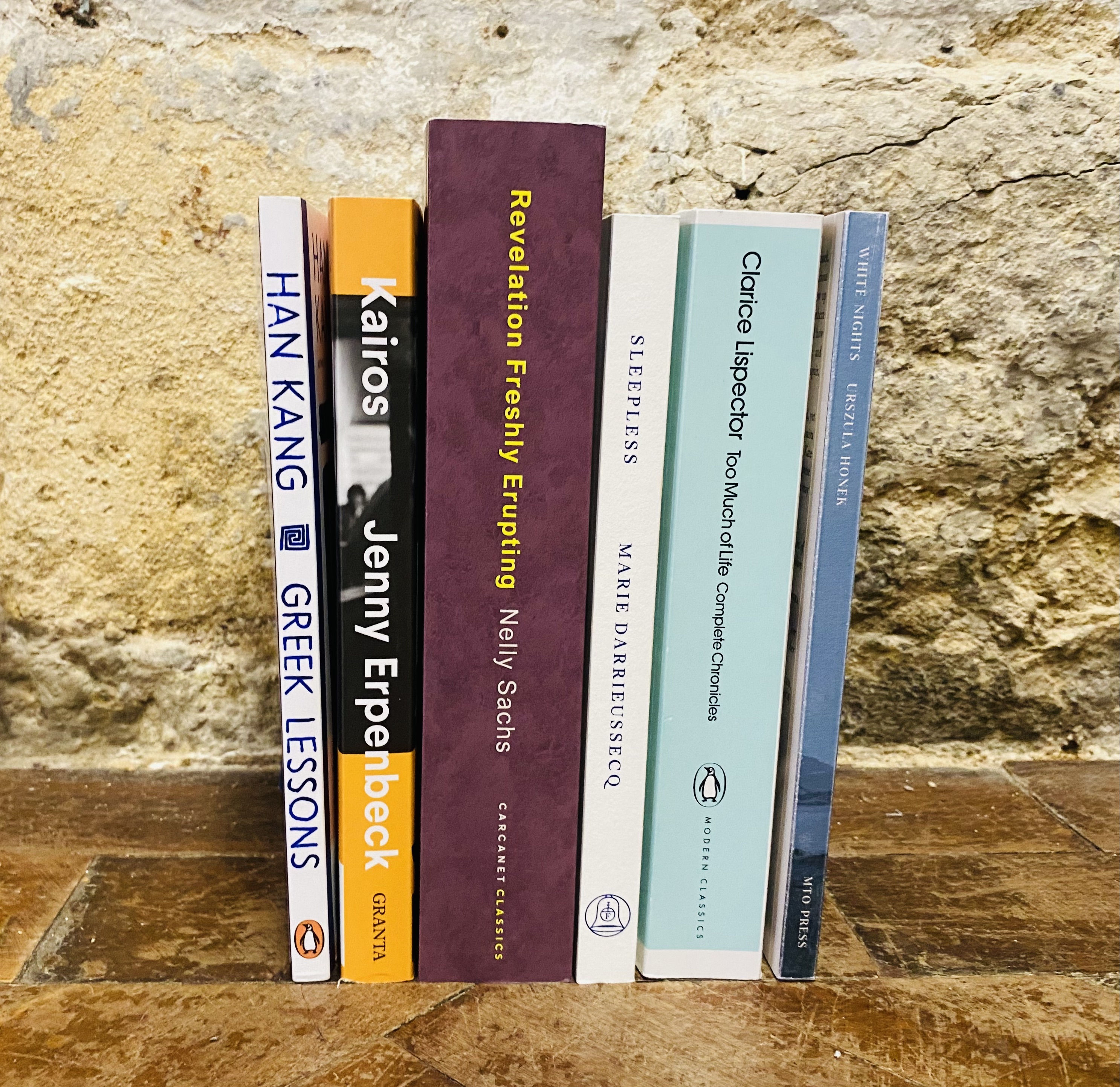 A photograph of the six titles shortlisted for the Warwick Prize for Women in Translation in 2024. The books are stood on a wooden surface against a brick wall with their spines facing the camera. 