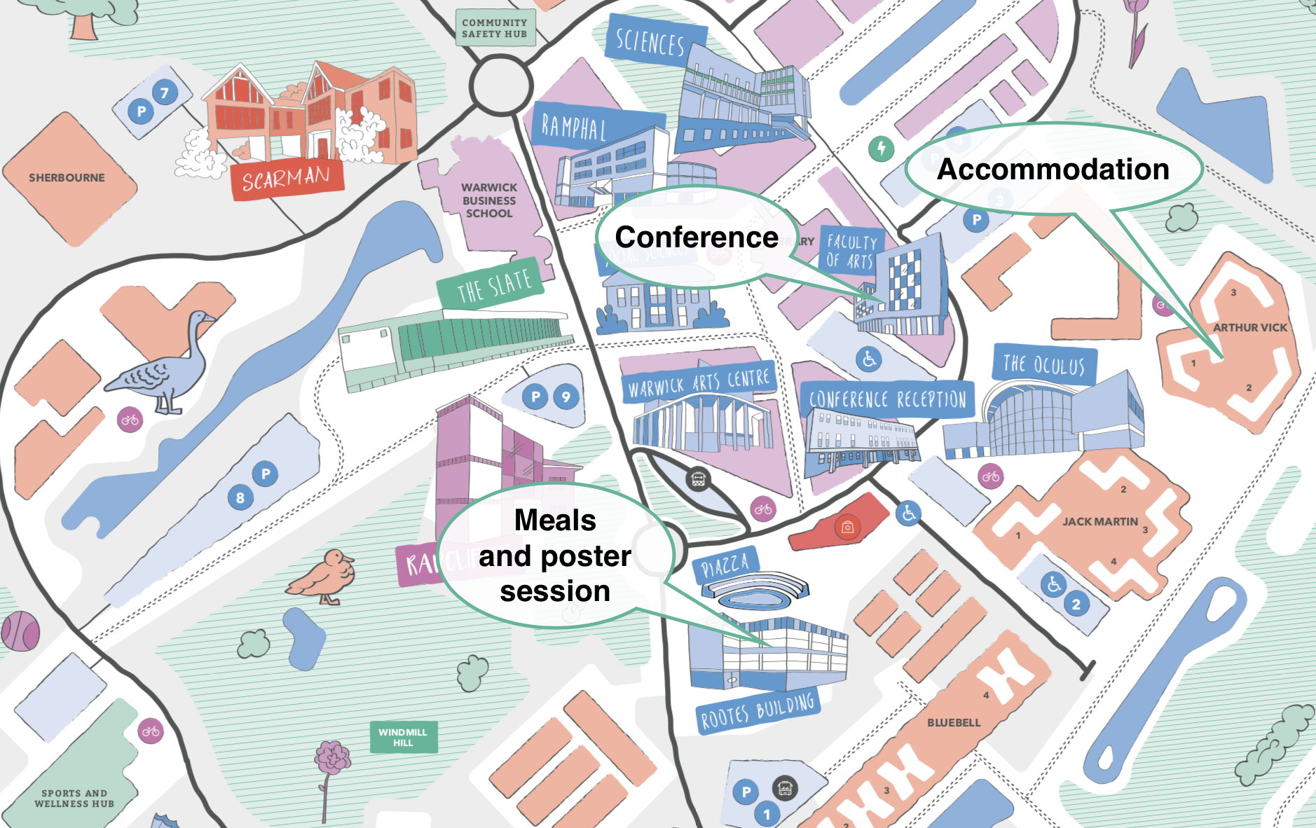 main campus map with conference sites highlighted