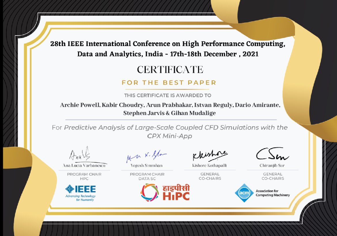 Certificate for the best paper award at HIPC.