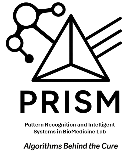 PRISM Logo showing biomedical data coming into a prism to generate insights as light output