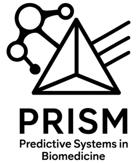 Logo of PRISM lab showing biomedical data coming into a prism to  generate insights as light