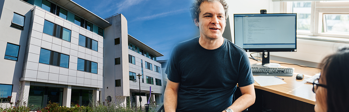 A banner showing the Department of Computer Science building, an academic, and a student.
