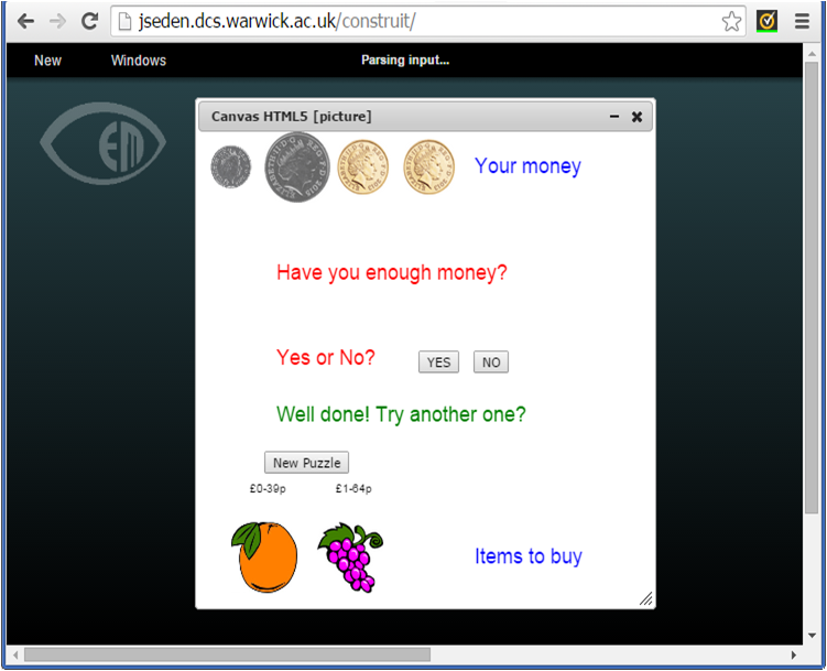 Screenshot of an educational game derived from the basic shopping construal