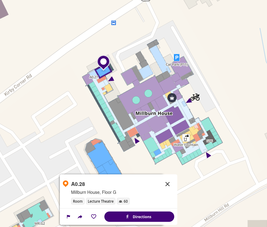 Map showing location of lecture room A0.28 at Millburn House