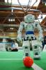 A Robocup player poses for the camera, and aims his kick for the cameraman.