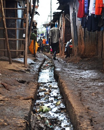 An open sewer running through the middle of the Kibera slum, Nairobi. With up to one million residents, Kibera is Africa