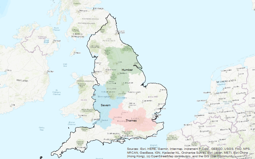 Three of the main river catchment areas in England.