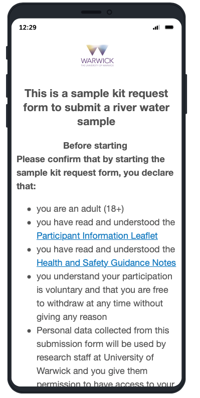 a screenshot of the sample request form on a mobile linking to https://warwick.co1.qualtrics.com/jfe/form/SV_6scgUBU8WJsKfYO