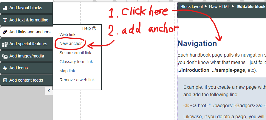 Visual description of adding an anchor to a header