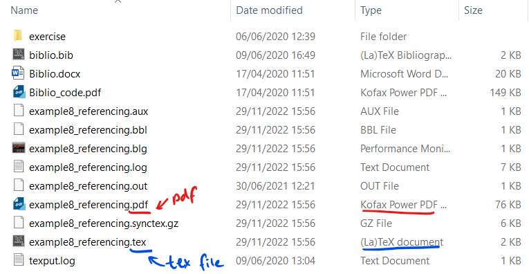 Image of Windows folder containg PDF and TEX files with the same name