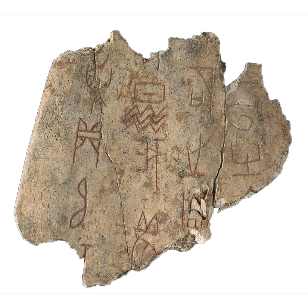 Shang dynasty characters on fragments of an oracle bone dating between 1600 and 1050 BC