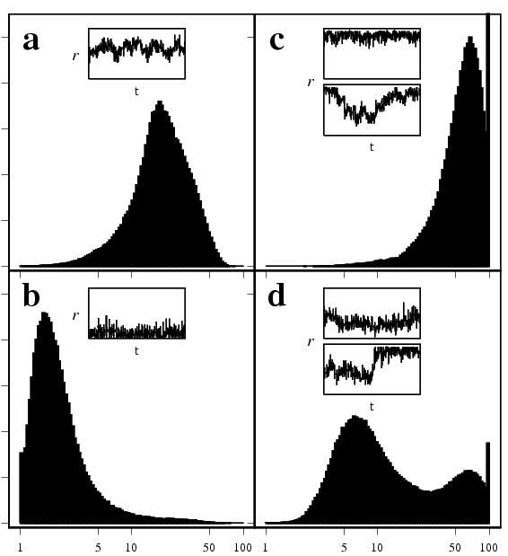 Strain distributions for locally connnected networks (a and c) and globally connected networks (b and d)