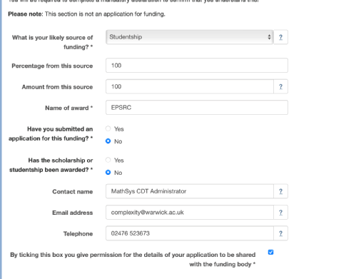 A screenshot of the funding section of the application form, with fields completed to show applicants what to include if they wish to apply for a funded place