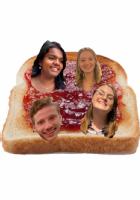 Funny image with four people's heads placed on top of an image of jam on toast