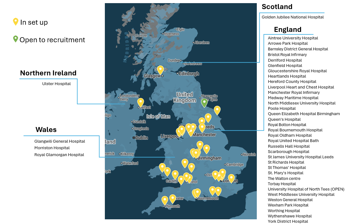 uk map showing sites that are in set up and sites that are open to recruitment