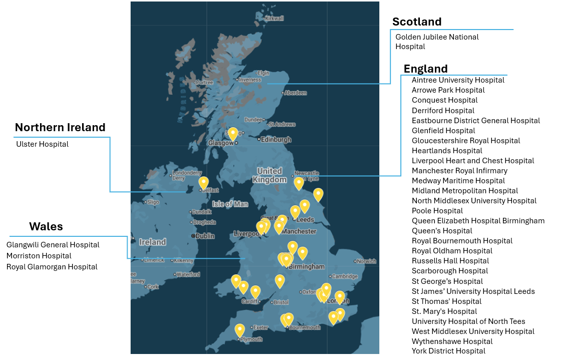 Map of UK showing locations of sites in set up