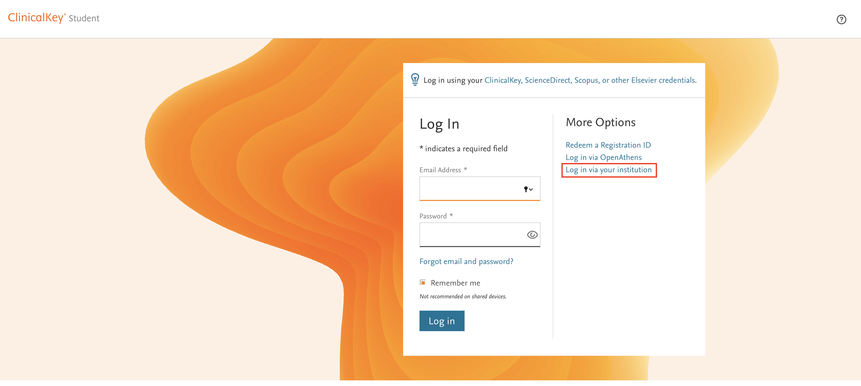 Clinical Key Login page - click "Log in via institution" 