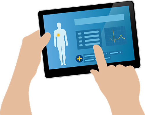Graphic illustrating iPad held in hands displaying patient records on screen