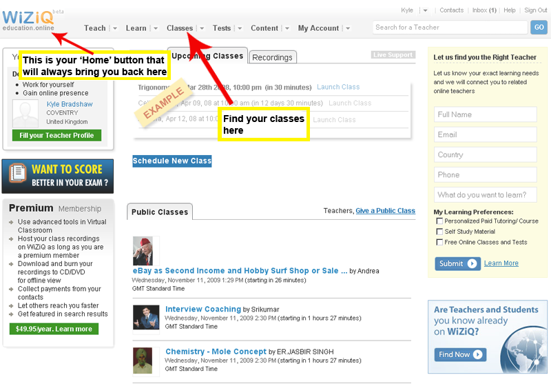 Using Wiziq Part 2: Navigating the Wiziq dashboard