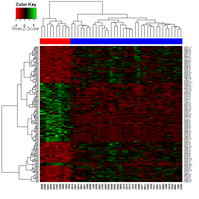 [Heatmap picture, red-green colours with scaling, and with patient type colour bar and color key]