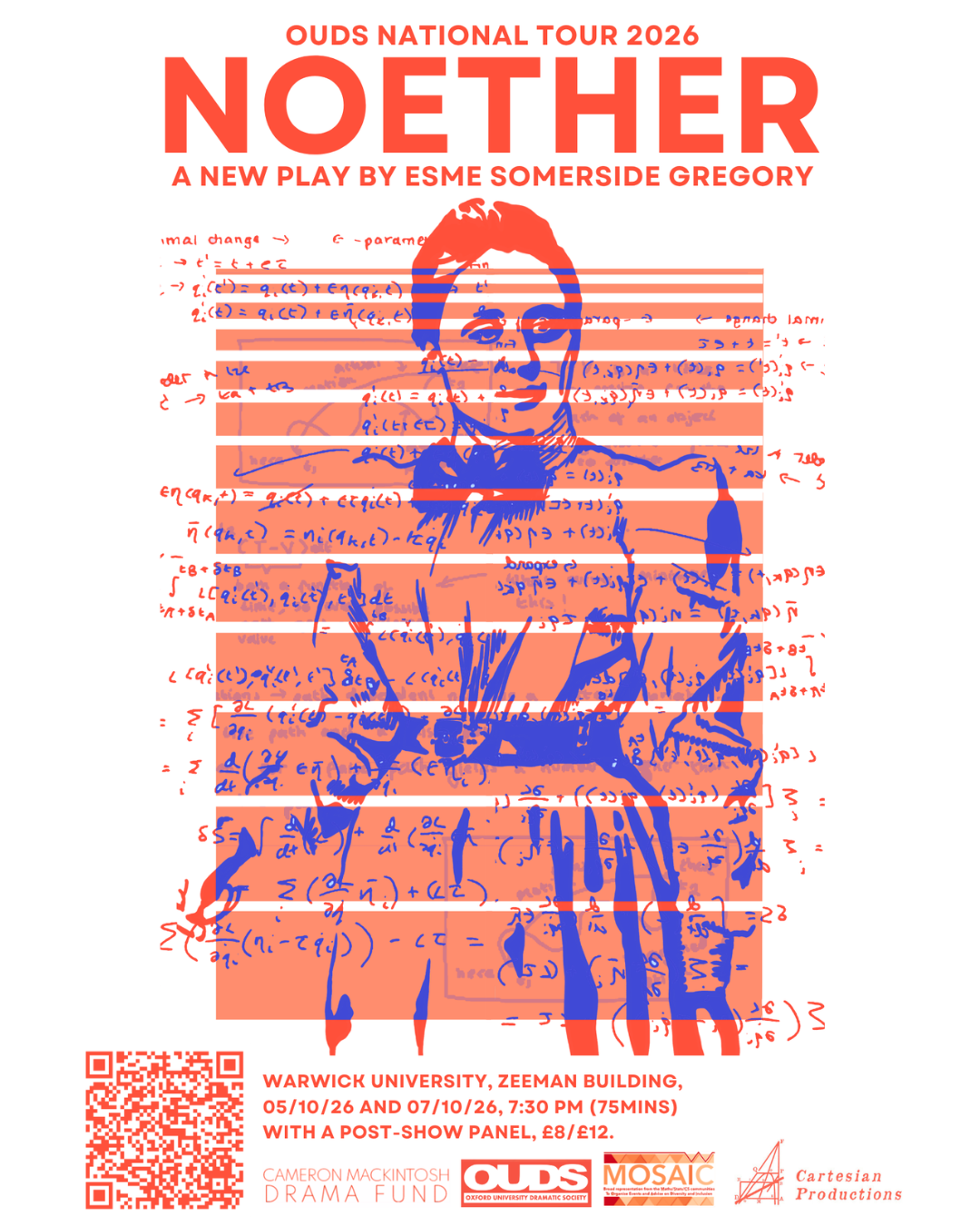 A poster for the play Noether. It is part of the OUDS national tour 2026, and will be performed in the Zeeman building on 05/10/26 and 07/10/26. There is a QR code linking to the ticket page, which will be linked below.