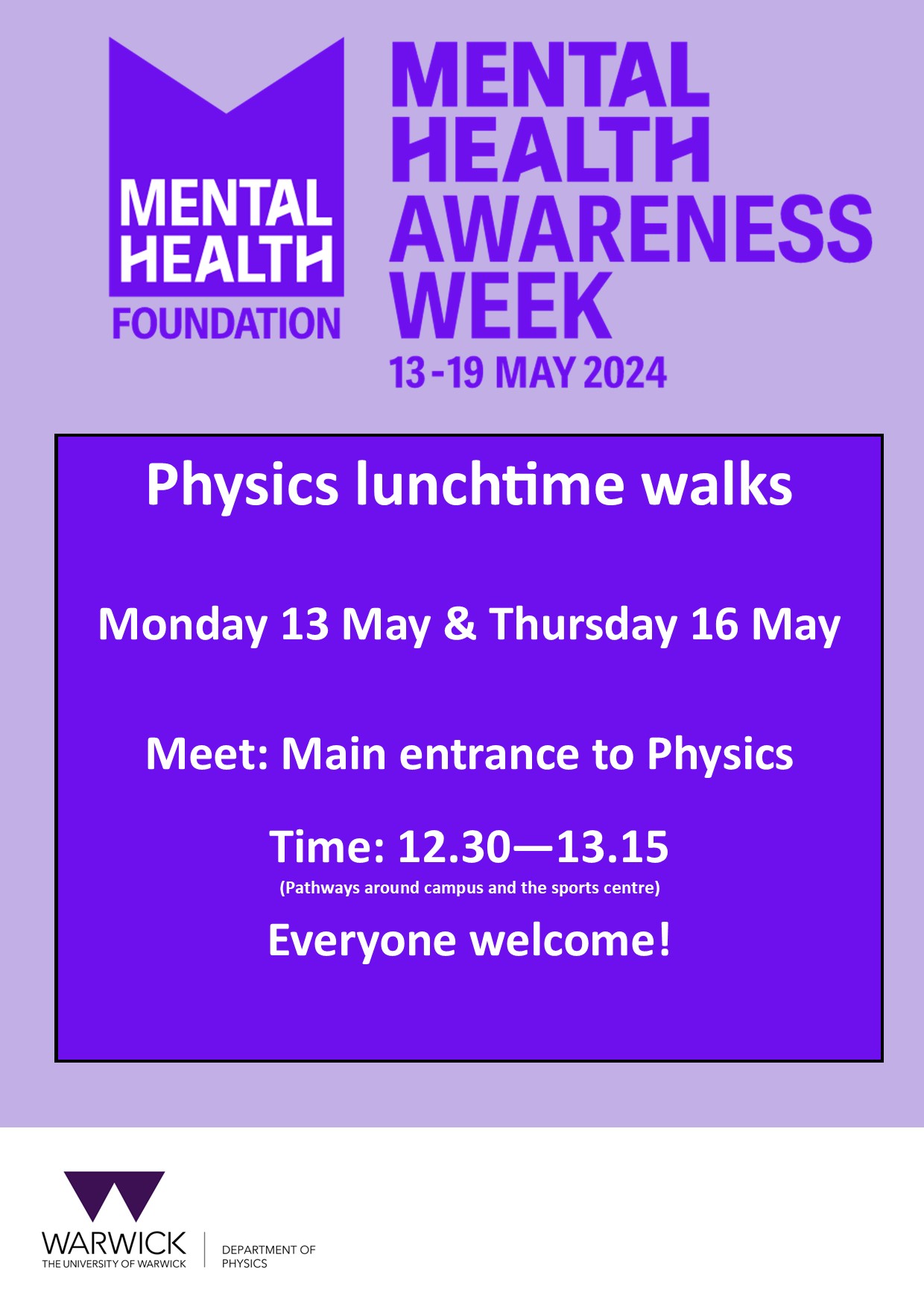 Lunchtime walks to mark mental health awareness week on monday 13 may and thursday 16 may at 12.30